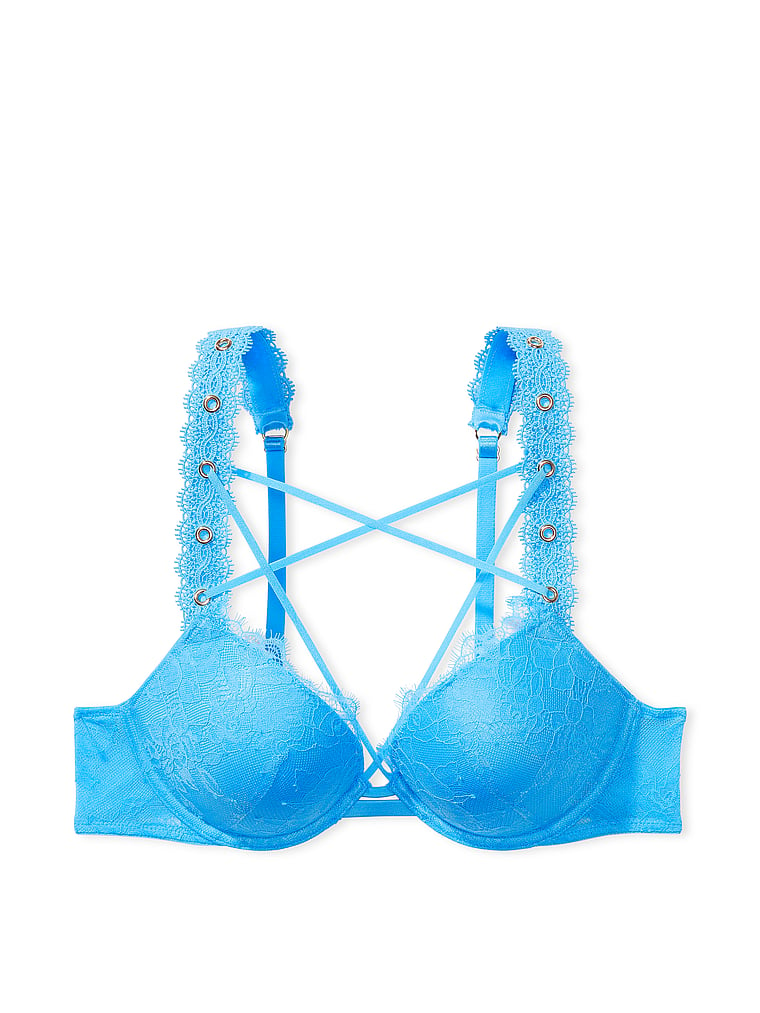 Victoria's Secret, Very Sexy Rose Lace & Grommet Push-Up Bra, Capri Blue, offModelFront, 5 of 5