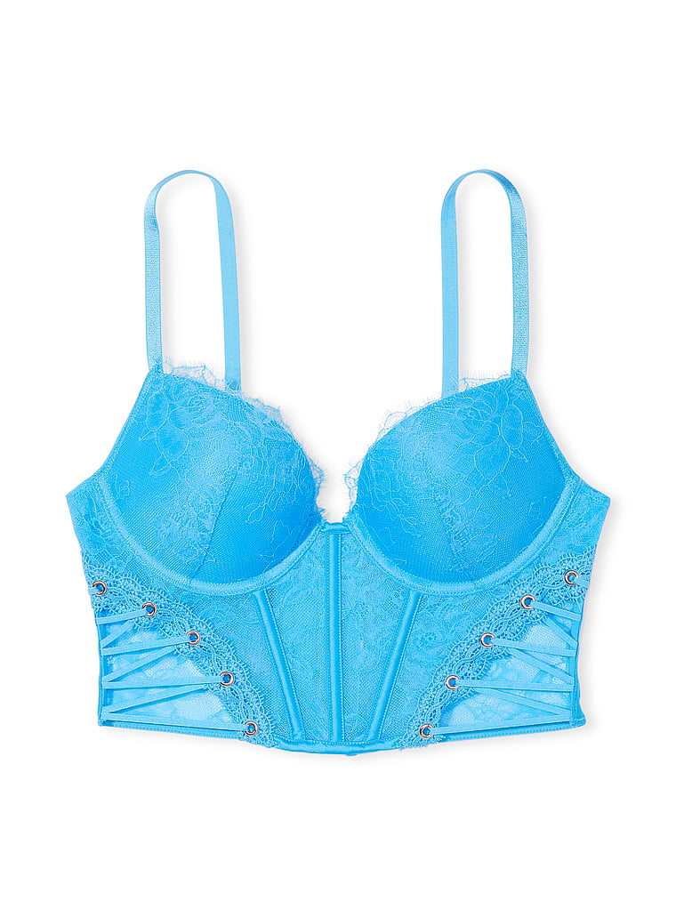 Victoria's Secret, Very Sexy Rose Lace & Grommet Push-Up Corset Top, Capri Blue, offModelFront, 4 of 5