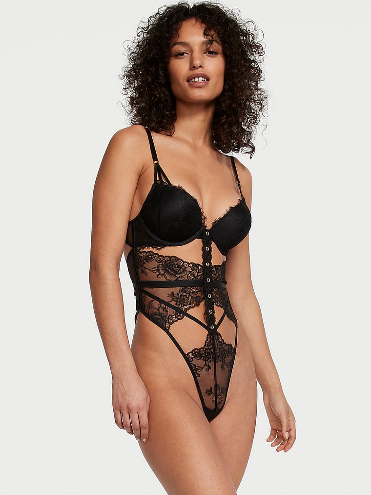 Bombshell Rose Lace & Grommet Push-Up Teddy