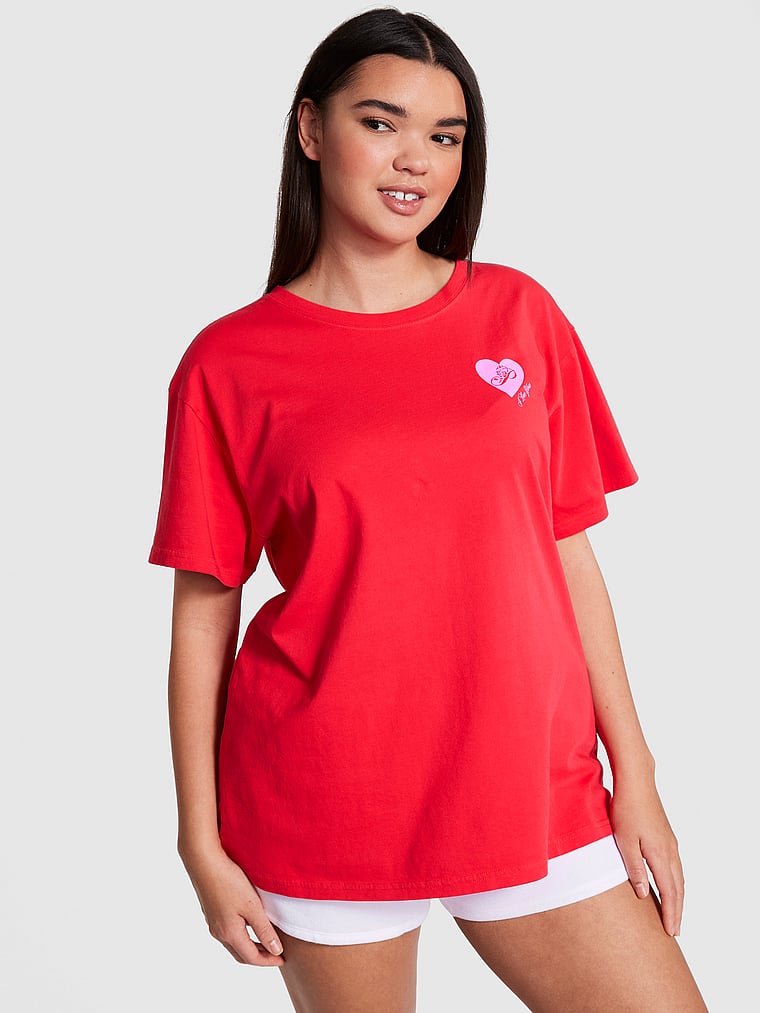 PINK new Oversized Short-Sleeve Campus T-Shirt, Red Pepper V-Day, onModelFront, 1 of 3 Breanna is 5'8" and wears Medium