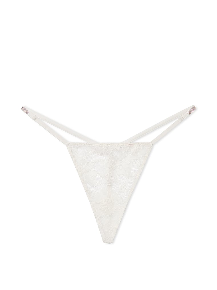 Victoria's Secret, Very Sexy Shine Strap Lace V-String Panty, Coconut White, offModelFront, 2 of 5