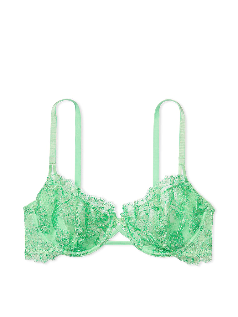 Victoria's Secret, Dream Angels Wicked Unlined Lace Balconette Bra, Clueless Green, offModelFront, 2 of 5
