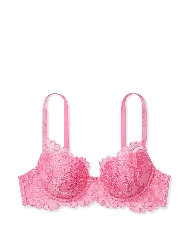 Victoria's Secret, Dream Angels Floral Embroidery Lightly Lined Demi Bra, Tickled Pink, offModelFront, 2 of 4