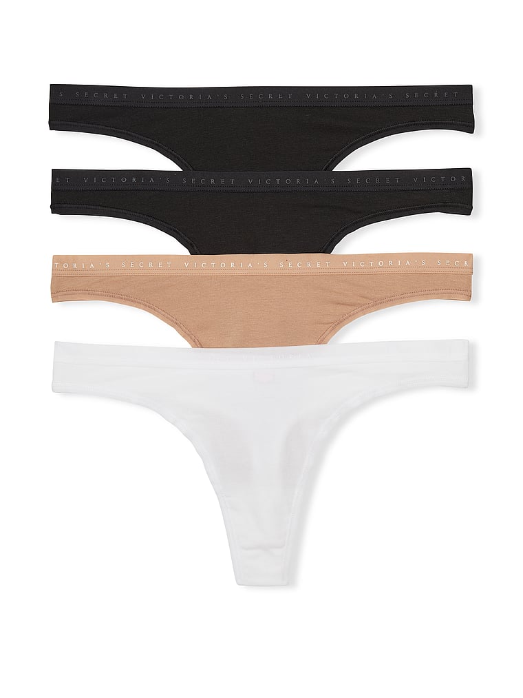 Victoria's Secret, Victoria's Secret 4-Pack Stretch Cotton Thong Panties, Multicolored, offModelFront, 1 of 1