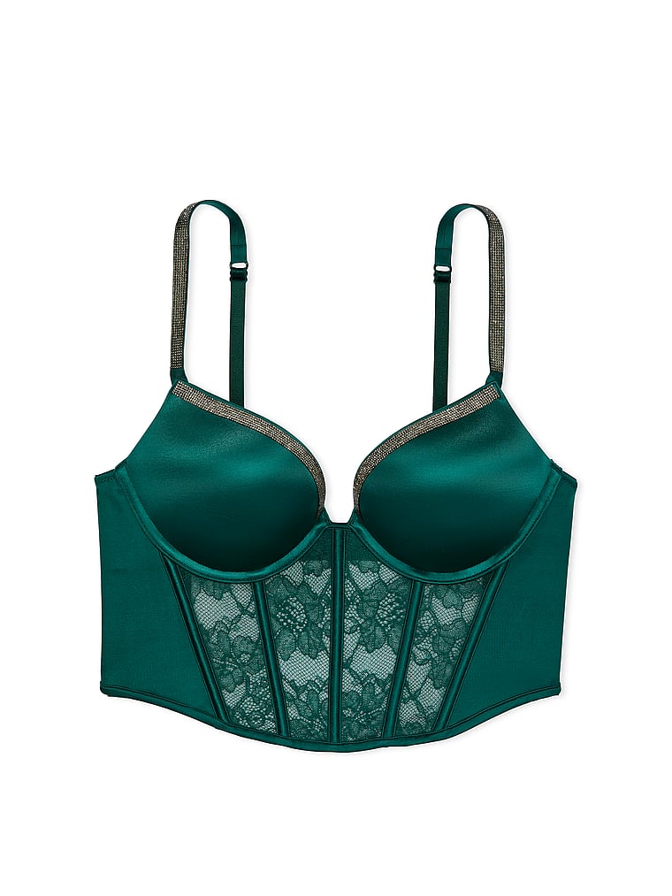 Victoria's Secret, Very Sexy Bombshell Add-2-Cups Shine Strap Push-Up Corset Top, Green Mystique, offModelFront, 5 of 6