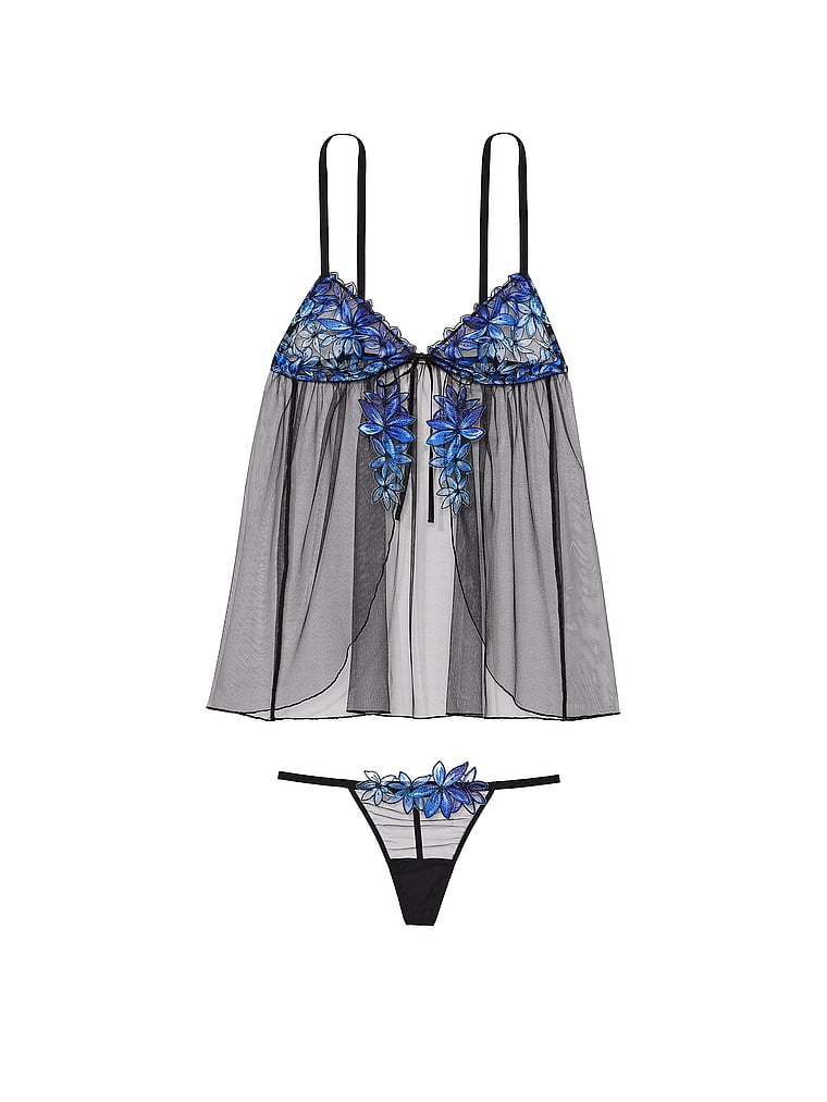 Victoria's Secret, Very Sexy Ziggy Glam Floral Embroidery Flyaway Babydoll Set, Blue Ombre, offModelFront, 3 of 3