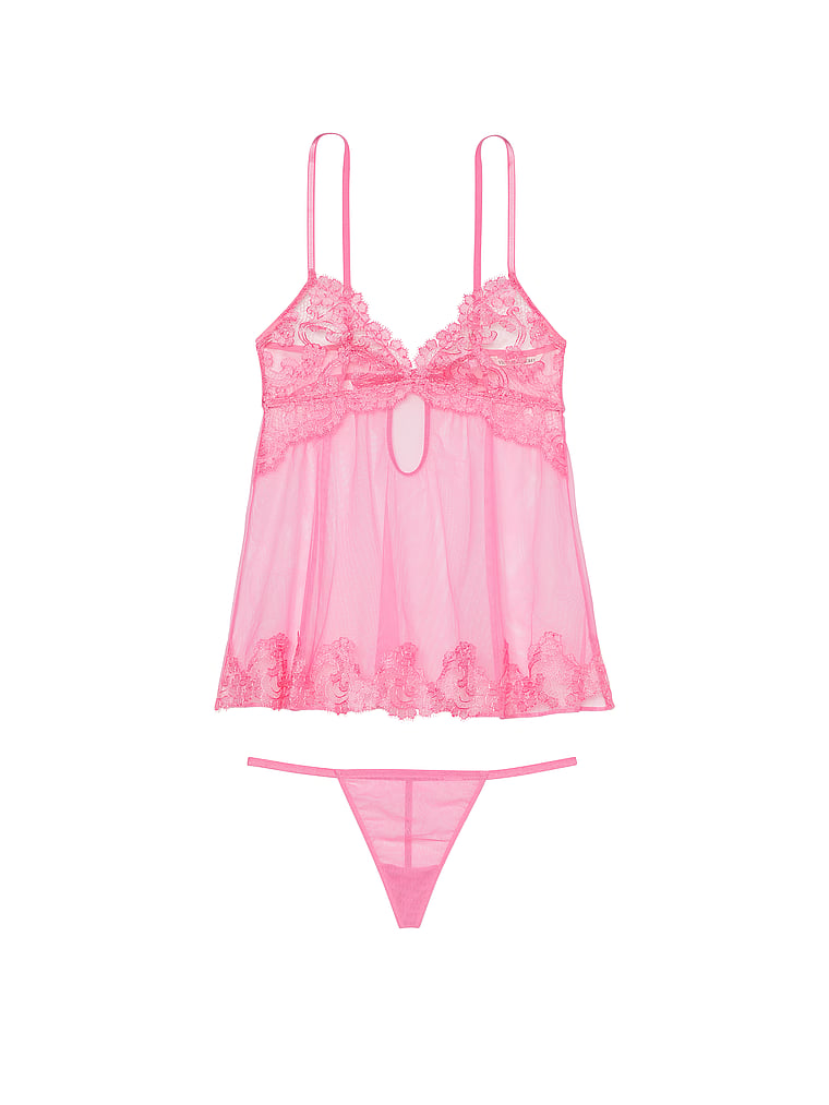 Victoria's Secret, Very Sexy Sheer Boho Floral Embroidery Babydoll Set, Tickled Pink, offModelFront, 3 of 3