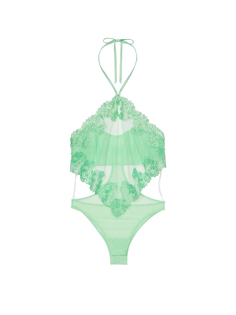 Sheer Boho Floral Embroidery Halter-Neck Teddy