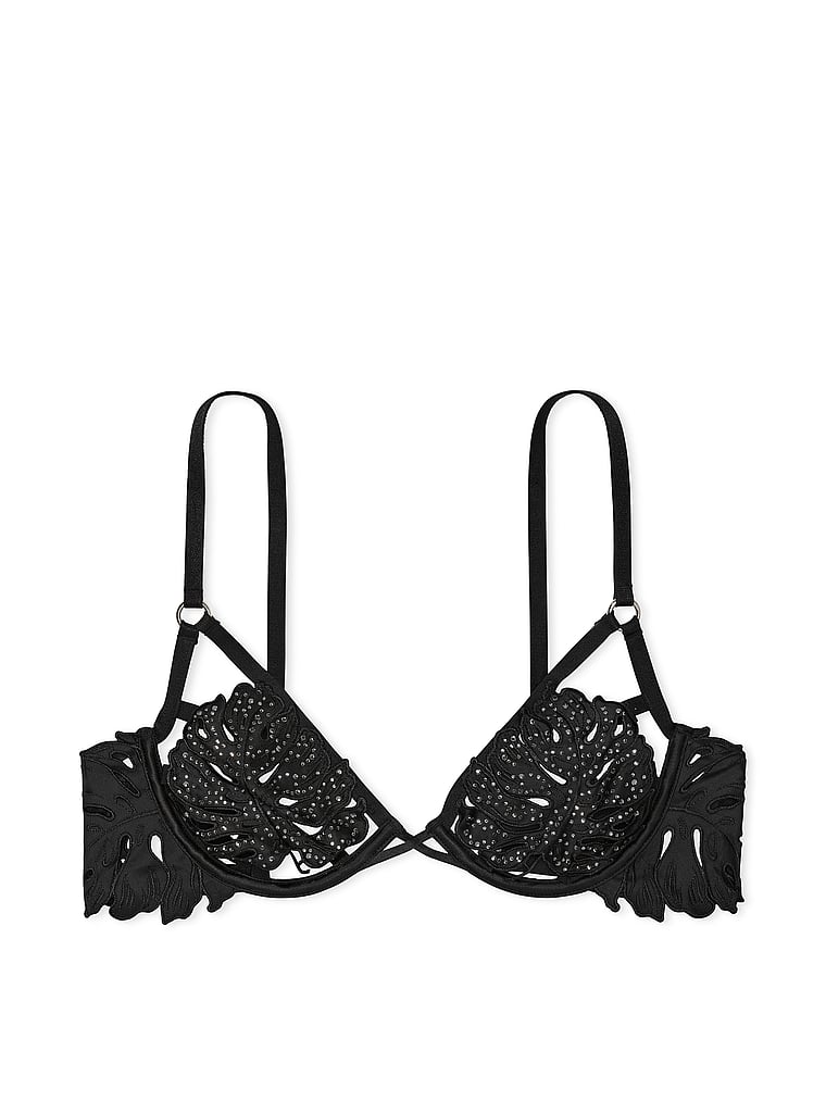 Victoria's Secret, Very Sexy Ziggy Glam Floral Embroidery Unlined Demi Bra, Black, offModelFront, 4 of 5