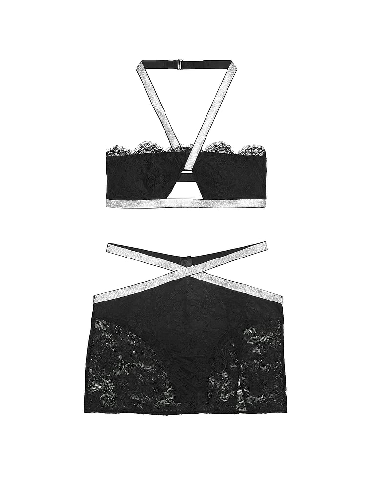 Victoria's Secret, Victoria's Secret new Shine Strap Halter Bralette & Mini Skirt Set, Black, offModelFront, 3 of 3