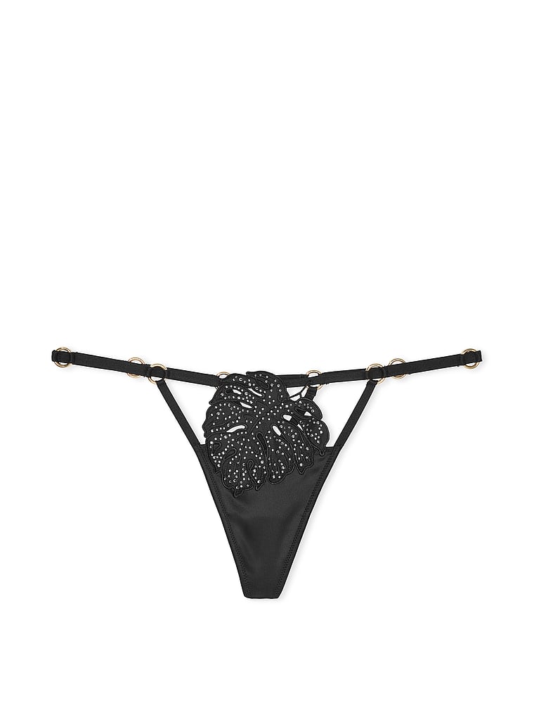 Victoria's Secret, Very Sexy Tropical Leaf Hardware V-String Panty, Black, offModelFront, 3 of 5