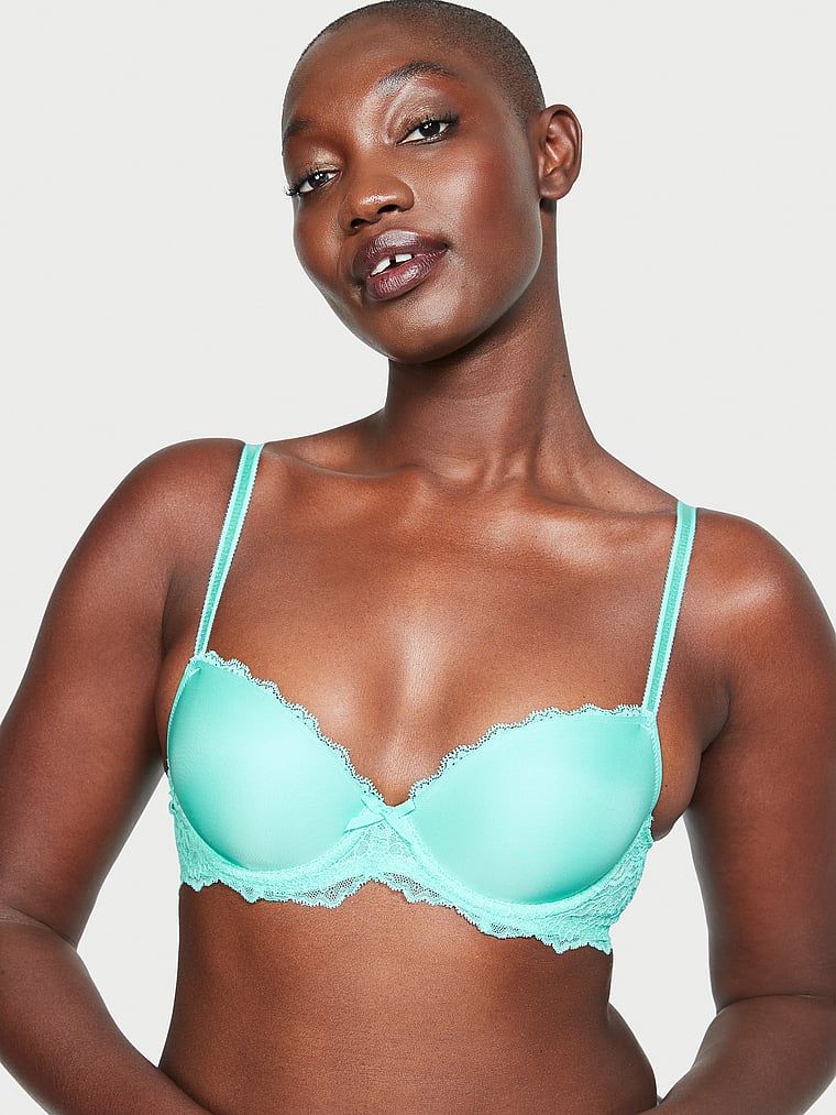 Victoria's Secret, Dream Angels Smooth & Lace Lightly Lined Demi Bra, Aquarius, onModelFront, 1 of 4 Arame is 5'11" and wears 34B or Medium