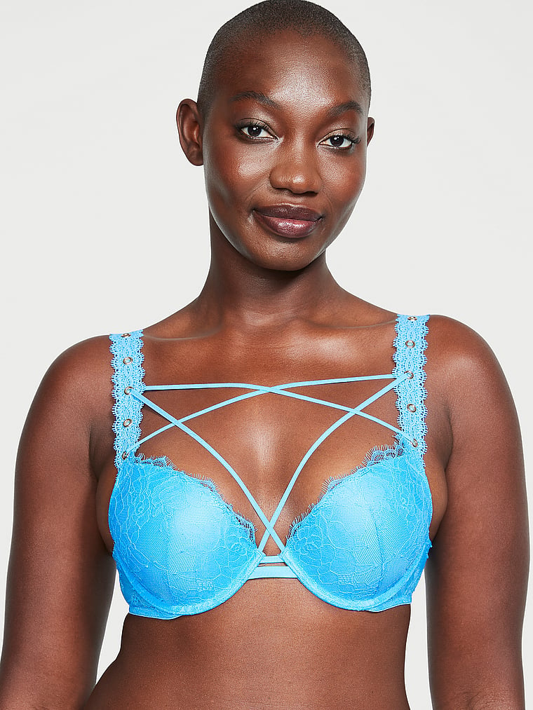 Victoria's Secret, Very Sexy Rose Lace & Grommet Push-Up Bra, Capri Blue, onModelFront, 1 of 5 Arame is 5'11" and wears 34B or Medium