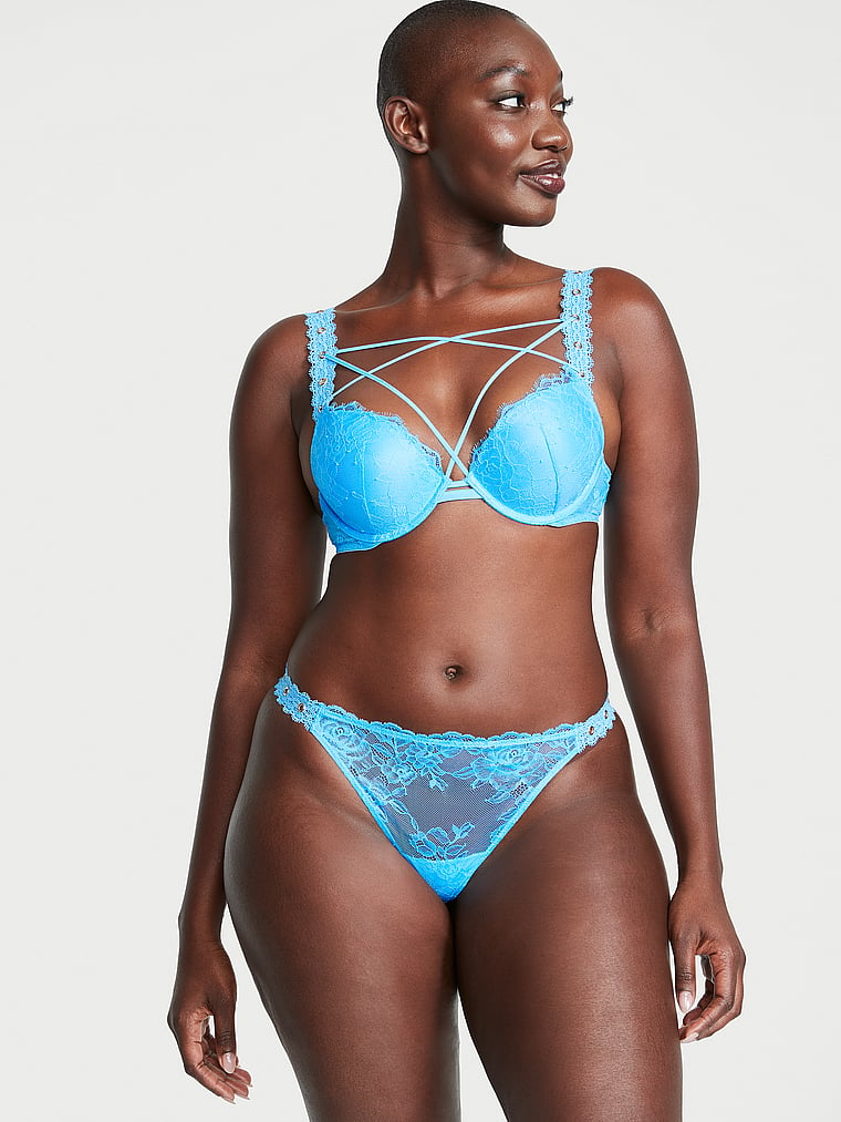 Victoria's Secret, Very Sexy Rose Lace & Grommet Push-Up Bra, Capri Blue, onModelSide, 2 of 5 Arame is 5'11" and wears 34B or Medium