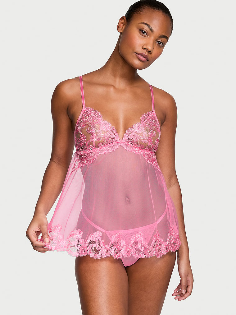 Victoria's Secret, Very Sexy Sheer Boho Floral Embroidery Babydoll Set, Tickled Pink, onModelFront, 1 of 3 Ange-Marie is 5'10" and wears 34B or Small