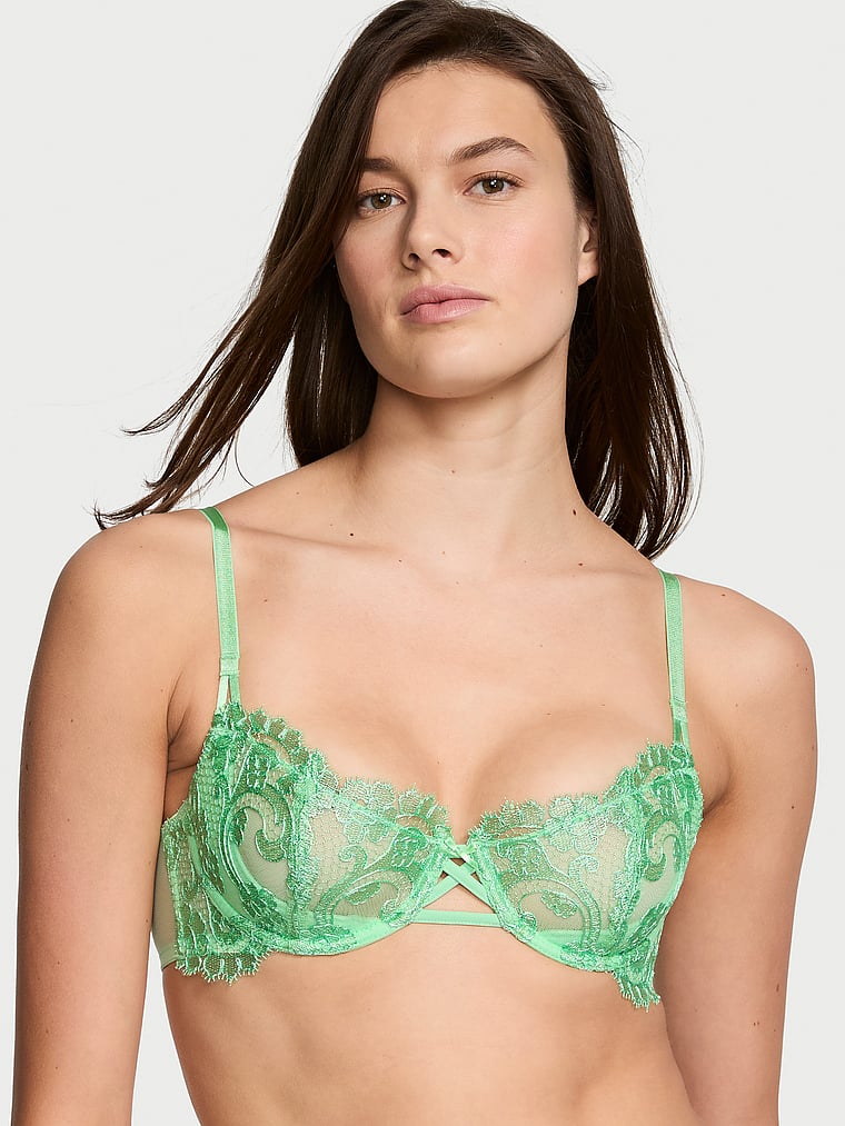 Victoria's Secret, Dream Angels Wicked Unlined Lace Balconette Bra, Clueless Green, onModelFront, 3 of 5 Mackenzie is 5'10" and wears 34B or Small