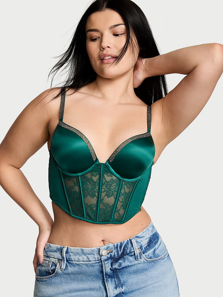 Victoria's Secret, Very Sexy Bombshell Add-2-Cups Shine Strap Push-Up Corset Top, Green Mystique, onModelSide, 2 of 6 Alicia is 5'8" and wears 34B or Small