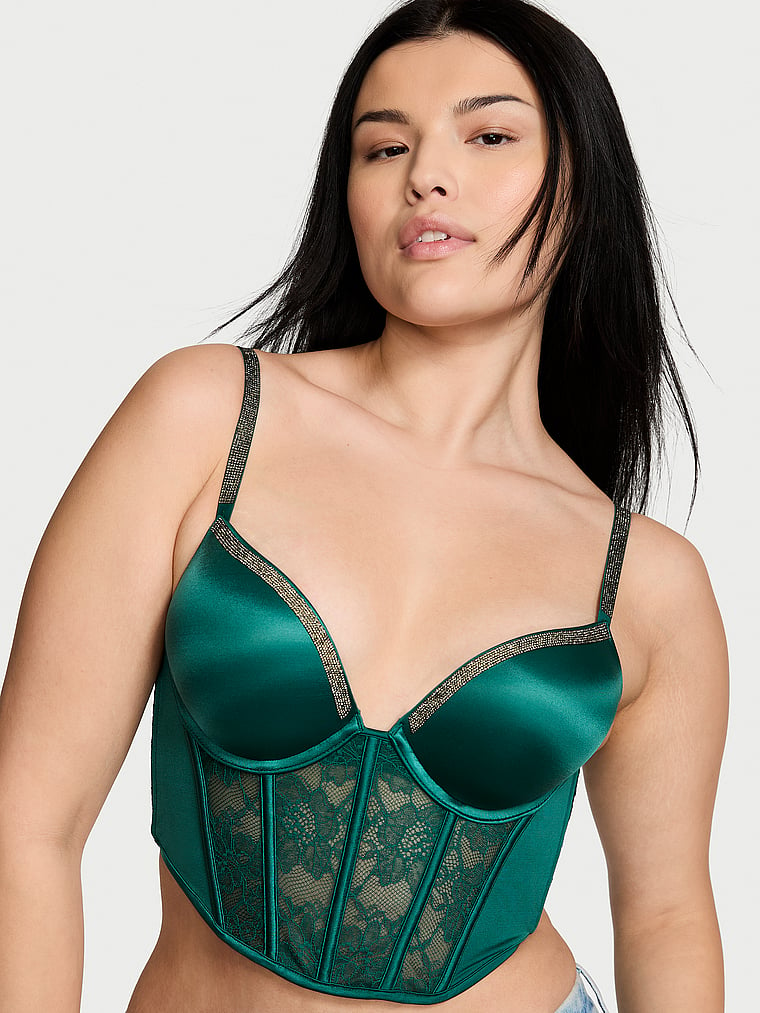 Victoria's Secret, Very Sexy Bombshell Add-2-Cups Shine Strap Push-Up Corset Top, Green Mystique, onModelFront, 1 of 6 Alicia is 5'8" and wears 34B or Small