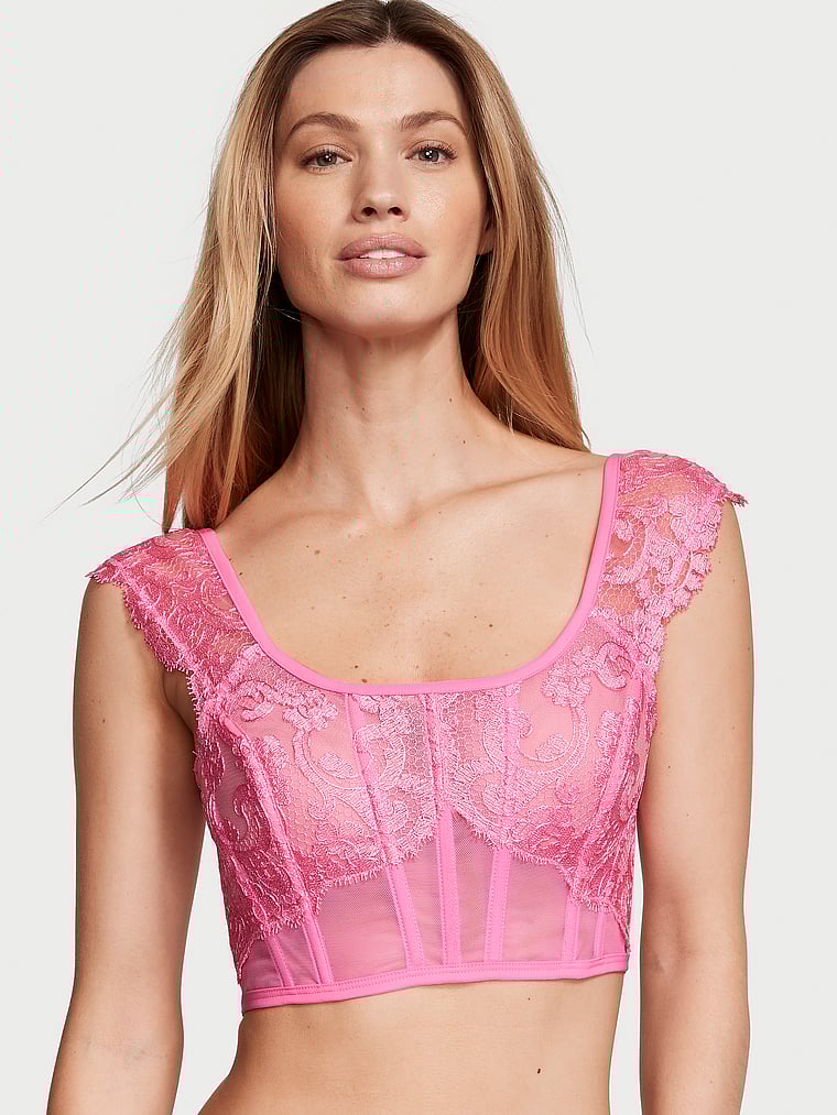 Victoria's Secret, Dream Angels Boho Floral Embroidery Cap-Sleeve Corset Top, Tickled Pink, onModelFront, 3 of 4 Maggie is 5'7" and wears 32B or Small