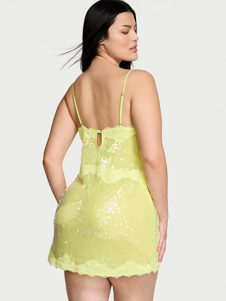 Victoria's Secret, Victoria's Secret Sequin Mini Slip Dress, Citron Glow, onModelBack, 2 of 4 Alicia is 5'8" or 173cm and wears Small