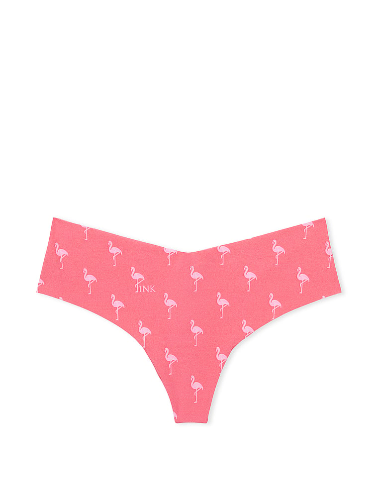 PINK No-Show Thong Panty, Crazy for Coral Flamingo Print, offModelFront, 3 of 3