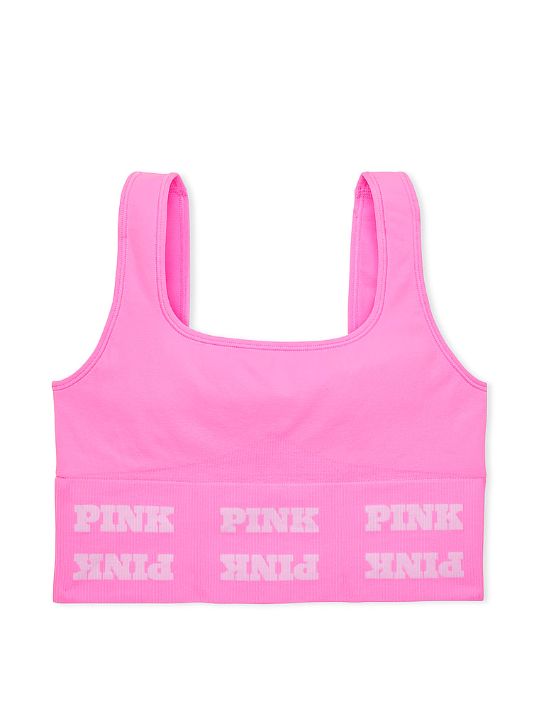 PINK new Seamless Logo Sports Bra, Lola Pink, offModelFront, 4 of 4