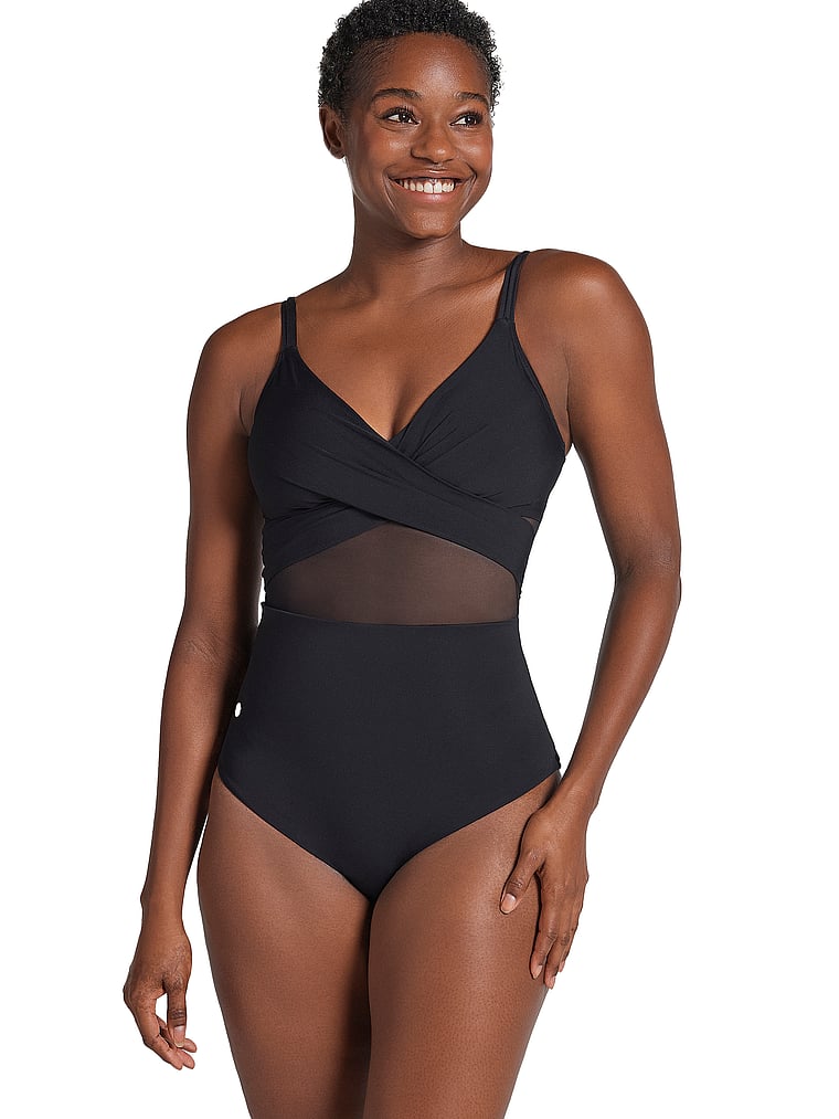Victoria's Secret, Leonisa Shapewear Cross-Front One-Piece Slimming Swimsuit, Black, onModelFront, 1 of 3
