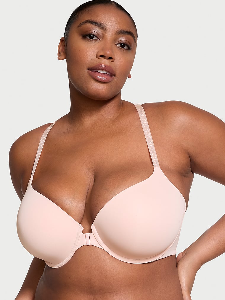 Victoria's Secret, The T-shirt Lightly Lined Front-Close Demi Bra, Purest Pink, onModelFront, 2 of 3 Brianna is 5'10" and wears 38DD (E) or Extra Large