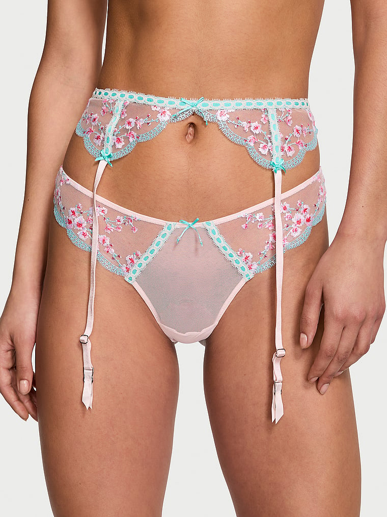 Victoria's Secret, Dream Angels Cherry Blossom Embroidery Garter Belt, Multicolored, onModelFront, 1 of 4 Nikita  is 5'10" or 178cm and wears Small