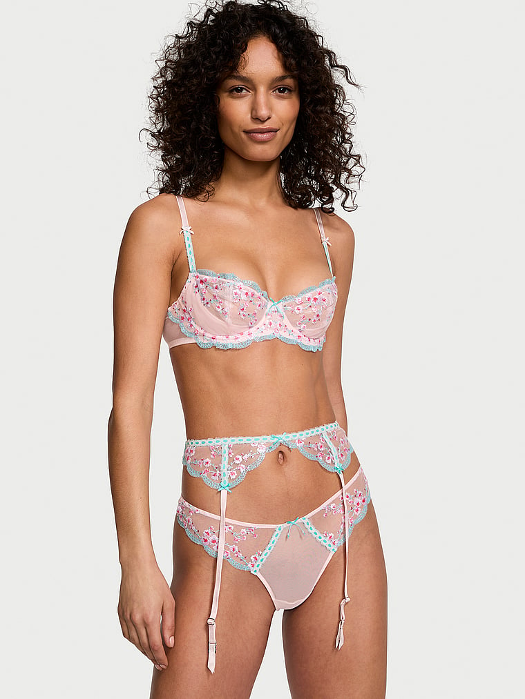 Victoria's Secret, Dream Angels Cherry Blossom Embroidery Garter Belt, Multicolored, onModelSide, 3 of 4 Nikita  is 5'10" or 178cm and wears Small