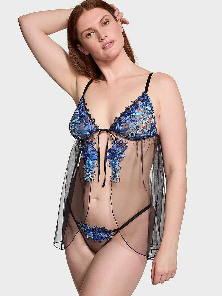Victoria's Secret, Very Sexy Ziggy Glam Floral Embroidery Flyaway Babydoll Set, Blue Ombre, onModelFront, 1 of 3 Katy is 5'11" or 180cm and wears 36D or Large