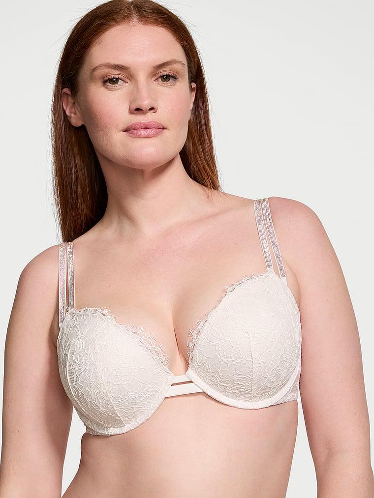 Victoria's Secret, Very Sexy Double Shine Strap Lace Push-Up Bra, Coconut White, onModelFront, 1 of 4 Katy is 5'11" and wears 36D or Large