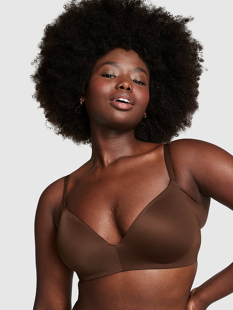PINK Wear Everywhere™ Lightly Lined Wireless Bra, Ganache, onModelFront, 1 of 3 Fanta is 5'11" or 180cm and wears 34D or Medium
