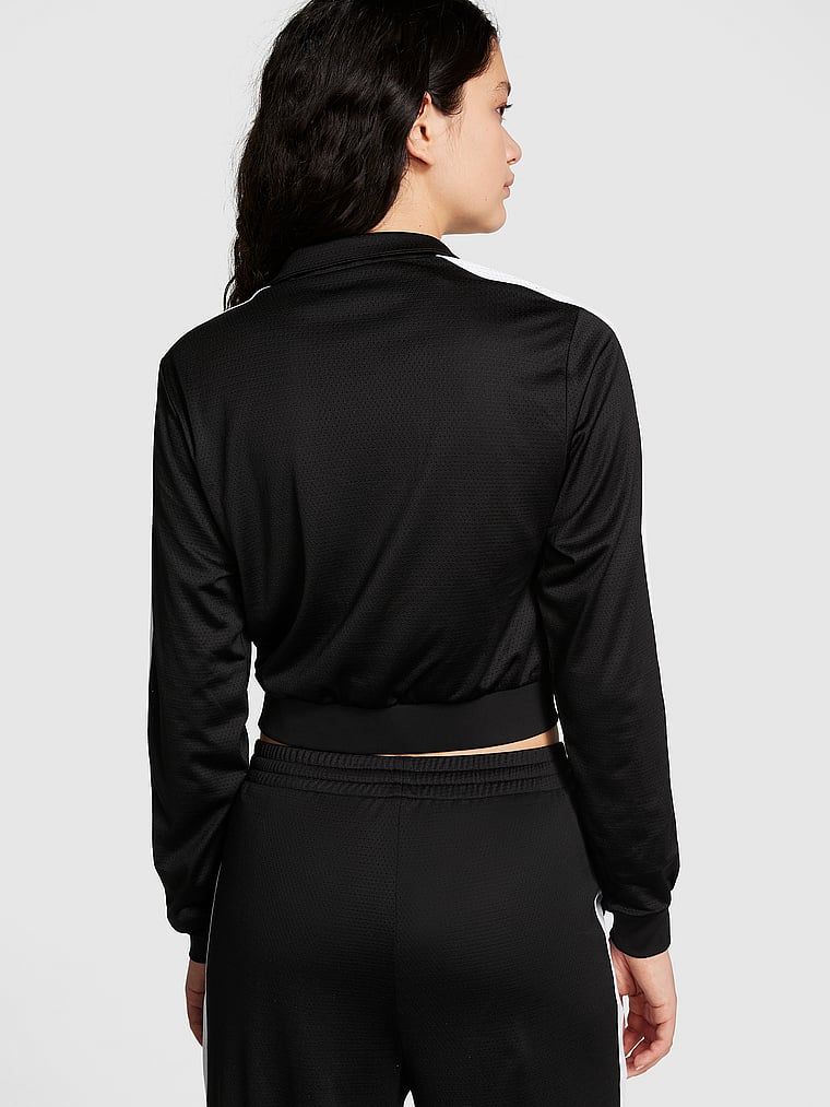 PINK Mesh Tech Cropped Full-Zip Jacket, Pure Black, onModelBack, 2 of 4 Maddux is 5'10" or 178cm and wears Small