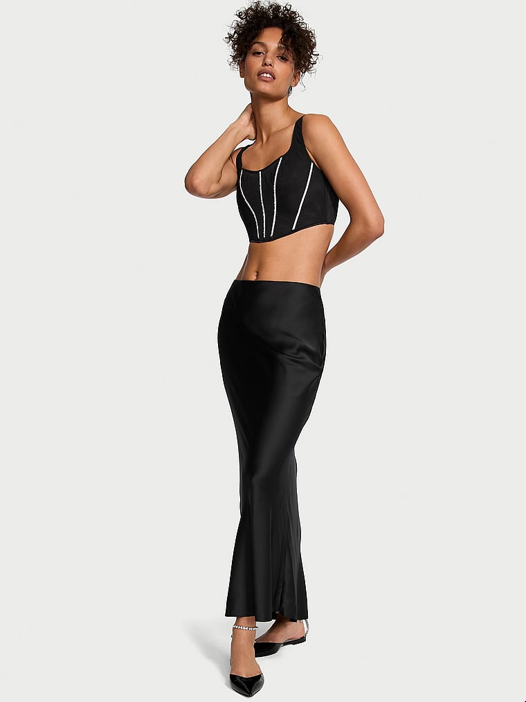 Victoria's Secret, Victoria's Secret Satin Maxi Skirt, Black, featured, 1 of 2 Nikita  is 5'10" and wears Small
