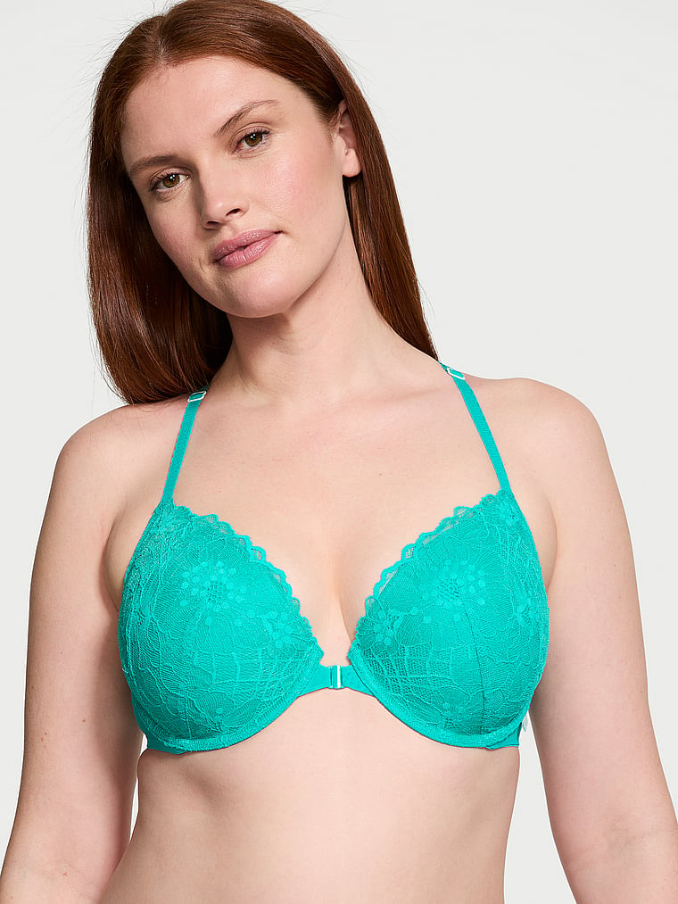 Victoria's Secret, Victoria's Secret Sexy Tee Lace Lightly Lined Front-Close Demi Bra, Capri Sea, onModelFront, 1 of 3 Katy is 5'11" and wears 36D or Large