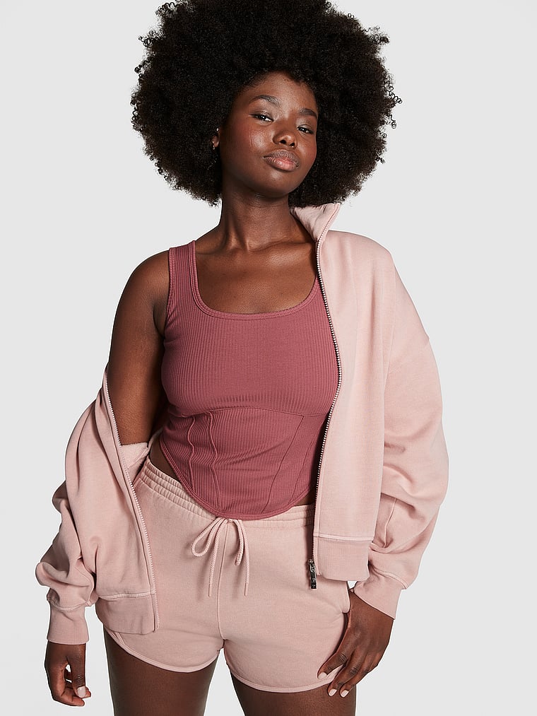 PINK Ivy Fleece Curved Hem Shorts, Wanna Be Pink, onModelSide, 1 of 4 Fanta is 5'11" and wears Medium