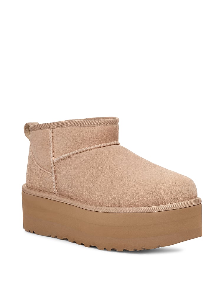 UGG® Classic Ultra Mini Platform Boots, Sand, onModelFront, 1 of 3