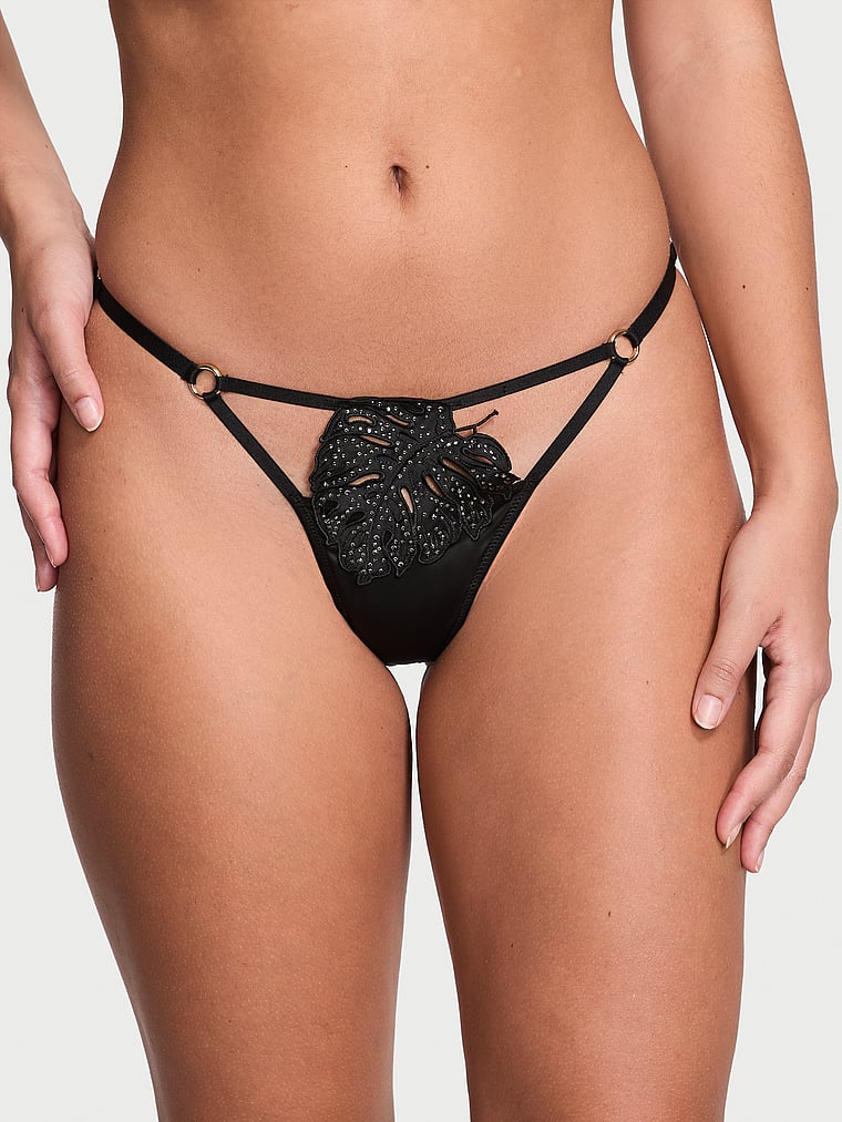 Victoria's Secret, Very Sexy Tropical Leaf Hardware V-String Panty, Black, onModelFront, 1 of 5 Eden is 5'8" or 173cm and wears Large