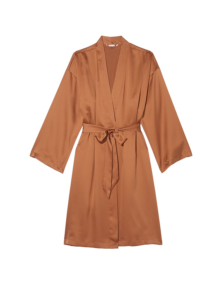 Victoria's Secret, Victoria's Secret Signature Satin Midi Robe, Caramel, offModelFront, 3 of 3
