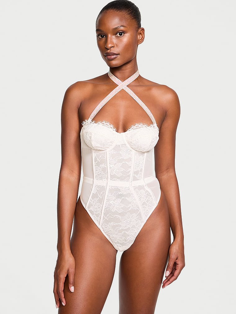 Victoria's Secret, Very Sexy Shine Strap Halter Lace Teddy, Coconut White, onModelFront, 1 of 5 Tsheca  is 5'9" or 175cm and wears 34B or Small