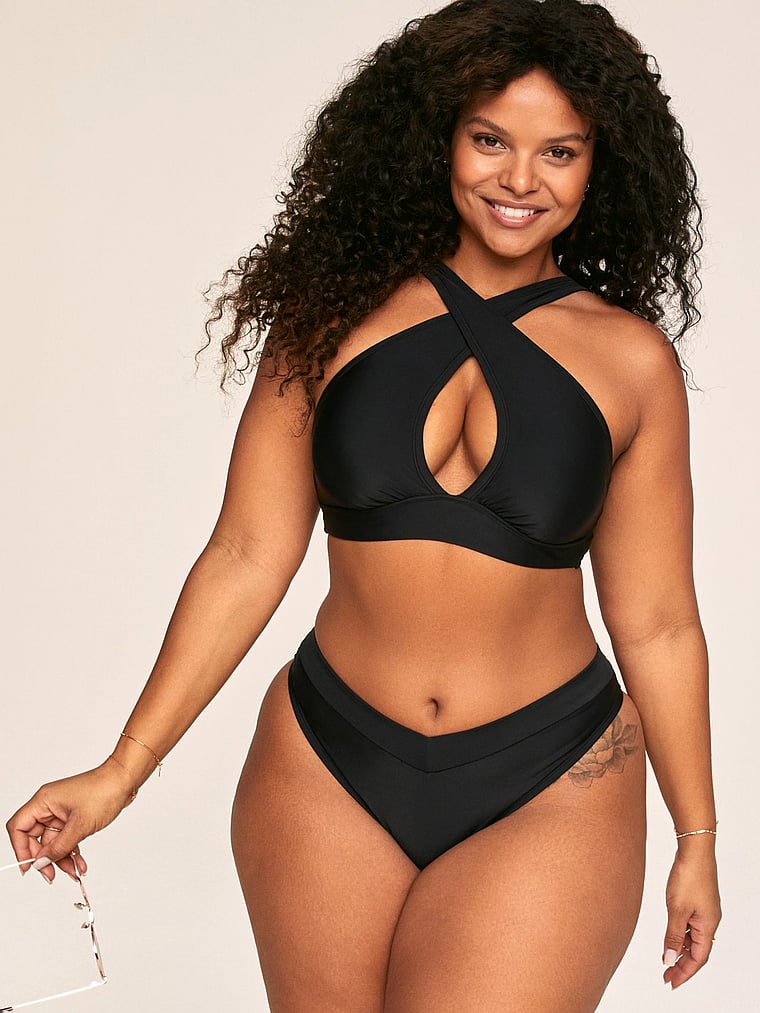 Victoria's Secret, Adore Me Demi Bikini Swim Bottom, Jet Black, onModelFront, 1 of 4