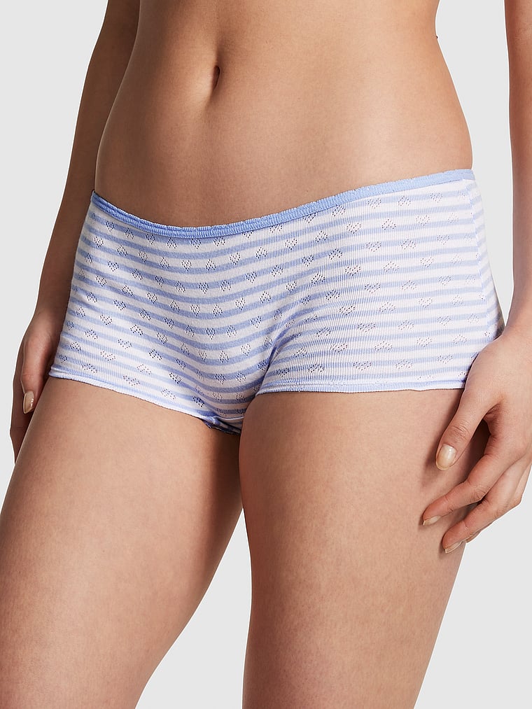PINK Cotton Boyshort Panty, Harbor Blue Stripe Pointelle, onModelFront, 1 of 4 Gloria is 5'9" or 175cm and wears Small