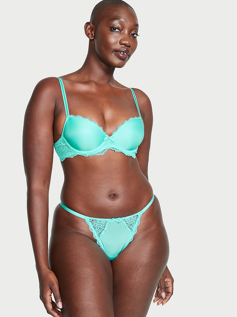 Victoria's Secret, Dream Angels Smooth & Lace Lightly Lined Demi Bra, Aquarius, onModelSide, 3 of 4 Arame is 5'11" and wears 34B or Medium