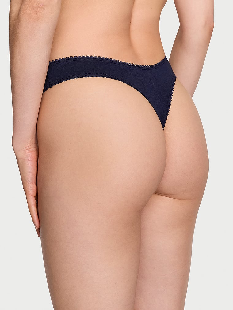 Victoria's Secret, Victoria's Secret Stretch Cotton High-Leg Scoop Thong Panty, Noir Navy, onModelBack, 2 of 3 Lotta is 5'10" and wears Small