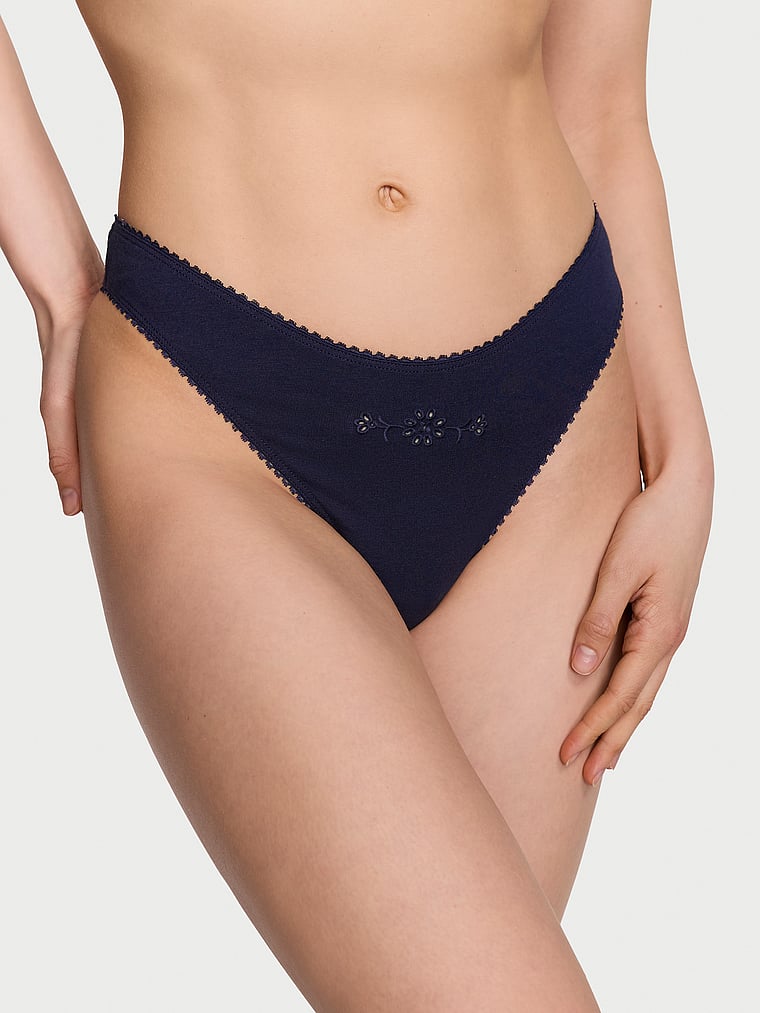 Victoria's Secret, Victoria's Secret Stretch Cotton High-Leg Scoop Thong Panty, Noir Navy, onModelFront, 1 of 3 Lotta is 5'10" and wears Small