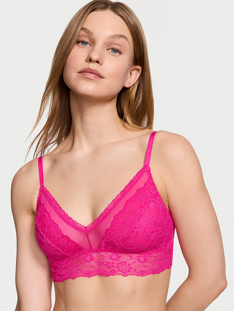 Victoria's Secret, Victoria's Secret Lace Curvy Bralette, Forever Pink, onModelFront, 1 of 5 Lotta is 5'10" and wears 34B or Small