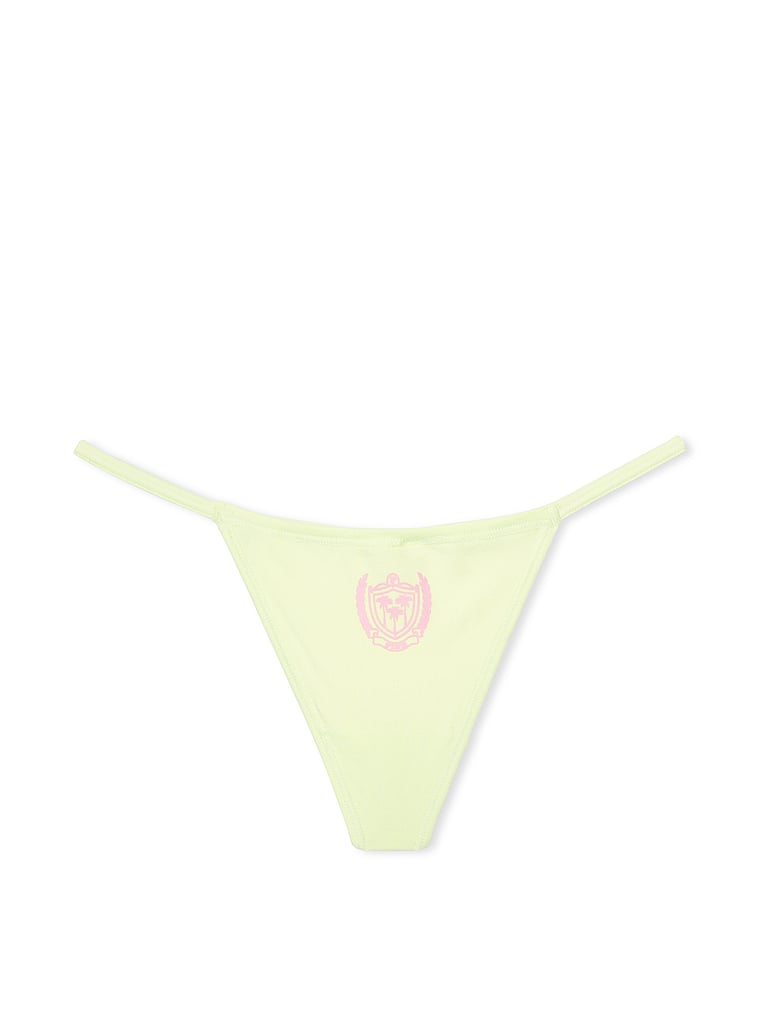 PINK Cotton V-String Panty, Lime Cream w Crest Graphic Emb, offModelFront, 3 of 3