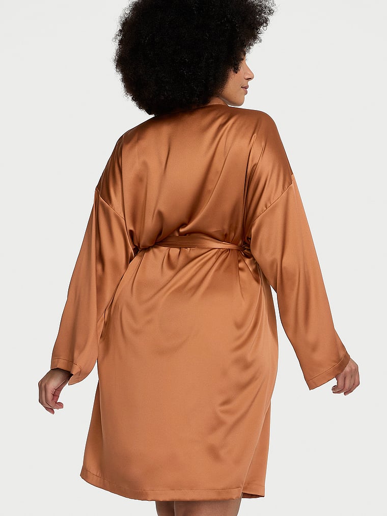 Victoria's Secret, Victoria's Secret Signature Satin Midi Robe, Caramel, onModelBack, 2 of 3 Shadia  is 5'11" and wears Extra Extra Large