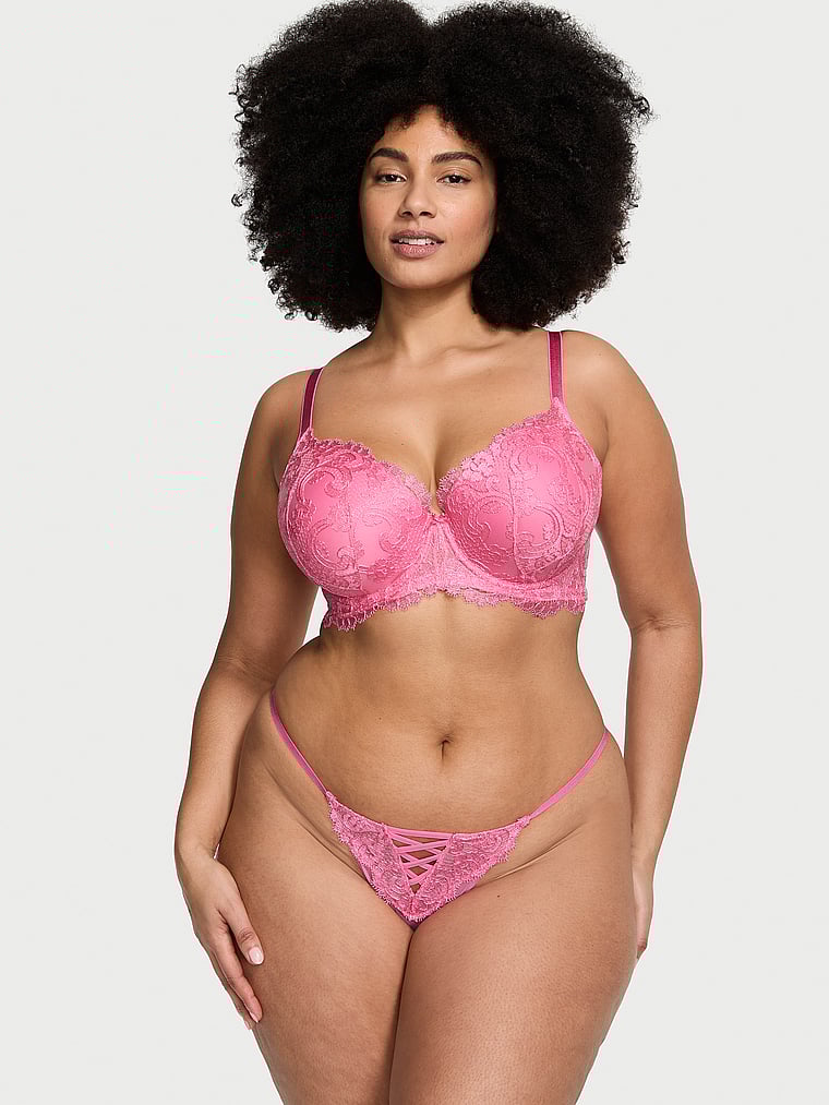 Victoria's Secret, Dream Angels Floral Embroidery Lightly Lined Demi Bra, Tickled Pink, onModelSide, 1 of 4 Shadia is 5'11" and wears 38DD (E) or Extra Extra Large